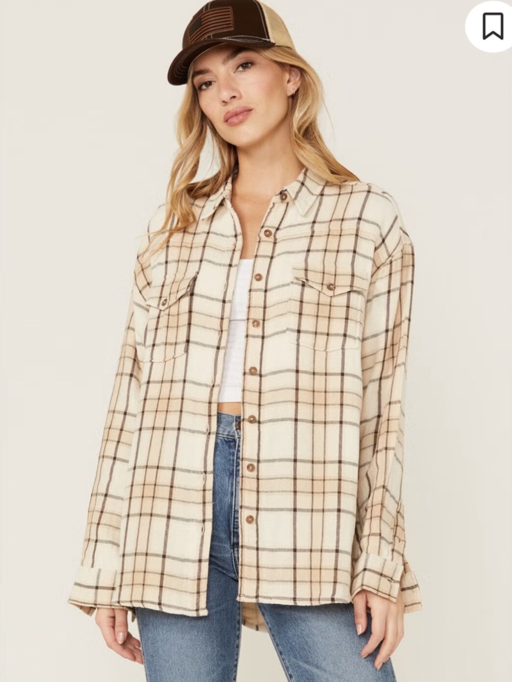 Women's Cream Plaid Button-Front Shirt Jacket